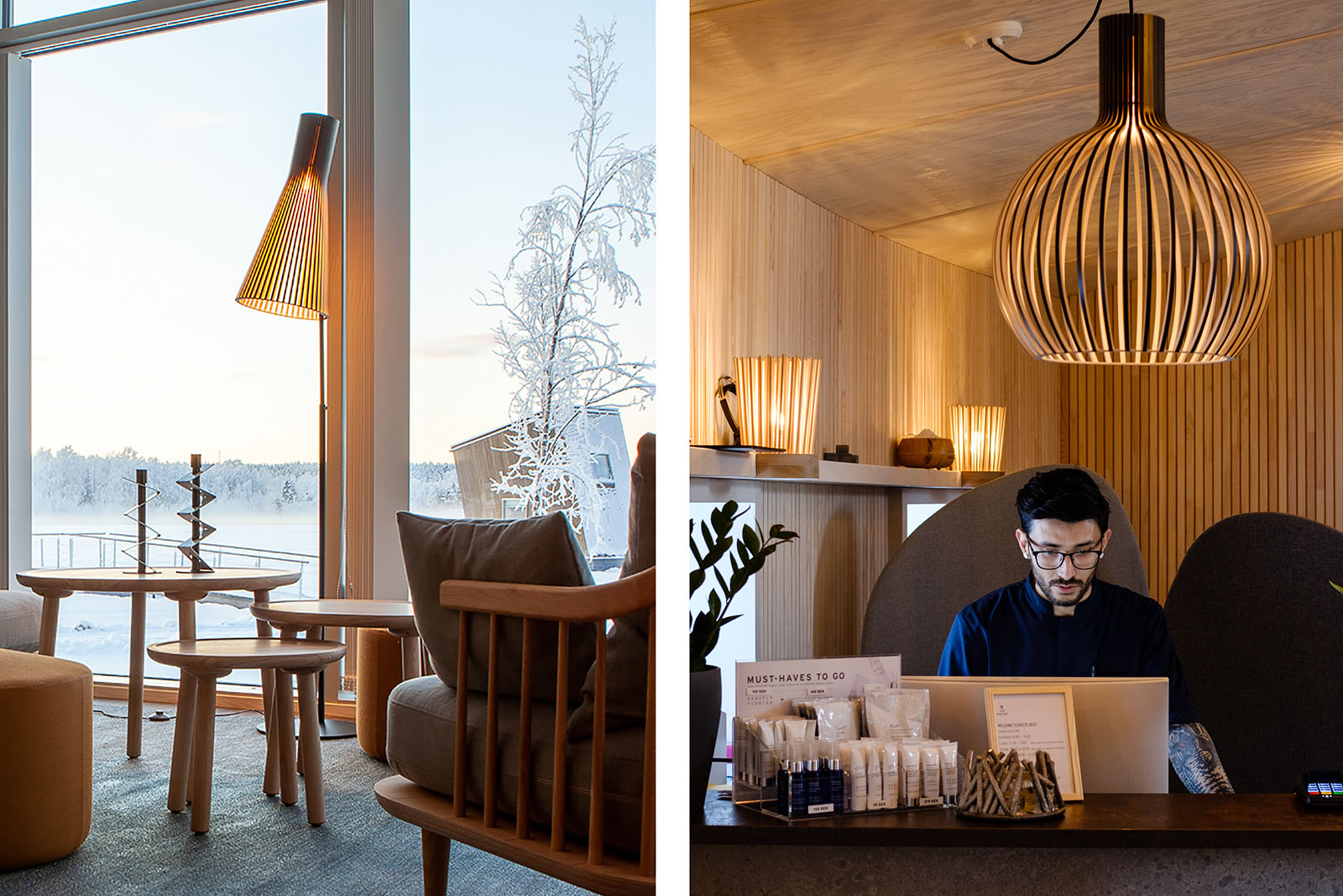 Interior views of the Arctic Bath hotel in Swedish Lapland featuring Secto Design lamps.