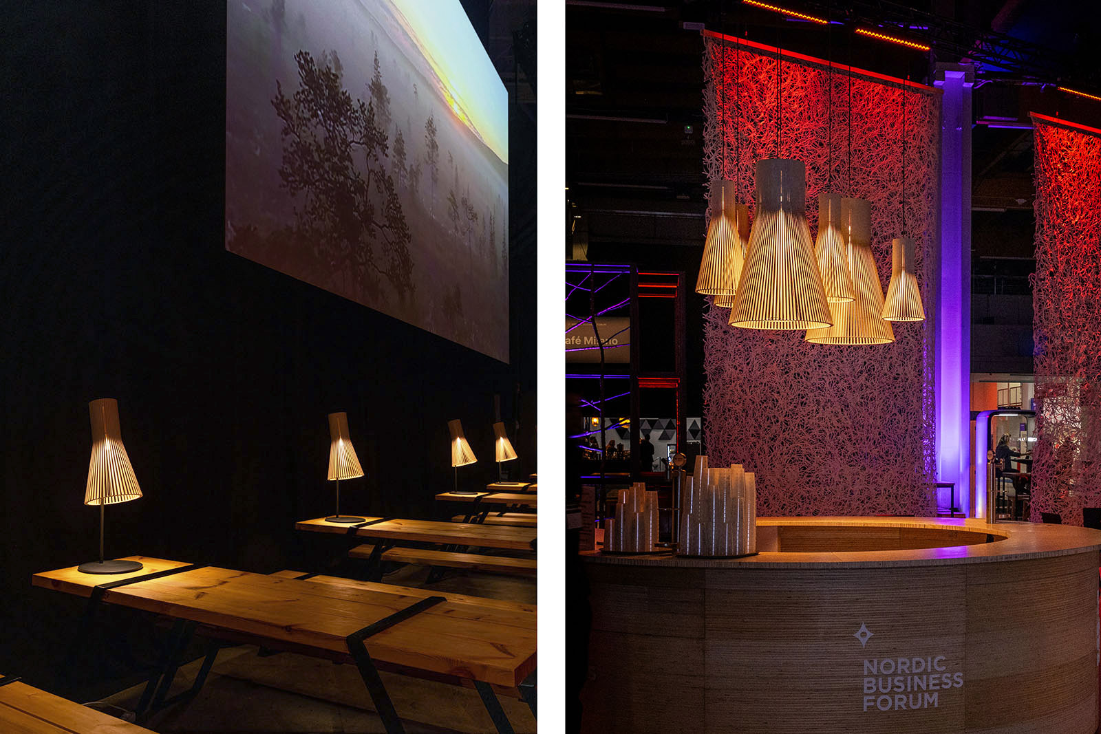 Table lamps on wooden tables. A lamp group above a bar.