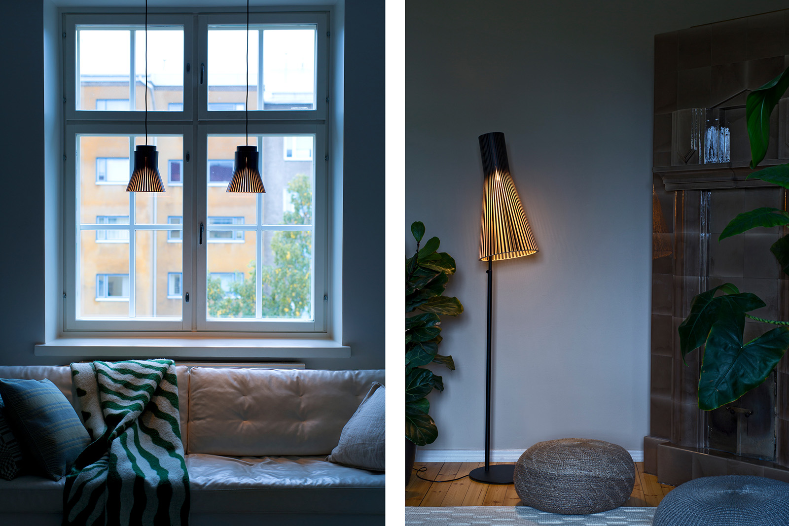 Two images side by side: one with two pendants in front of a window and the other with a floor lamp next to a fire place.