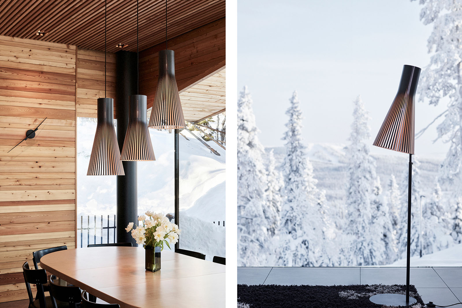 Pendant lamps above a table and floor lamp in front of a snowy view.