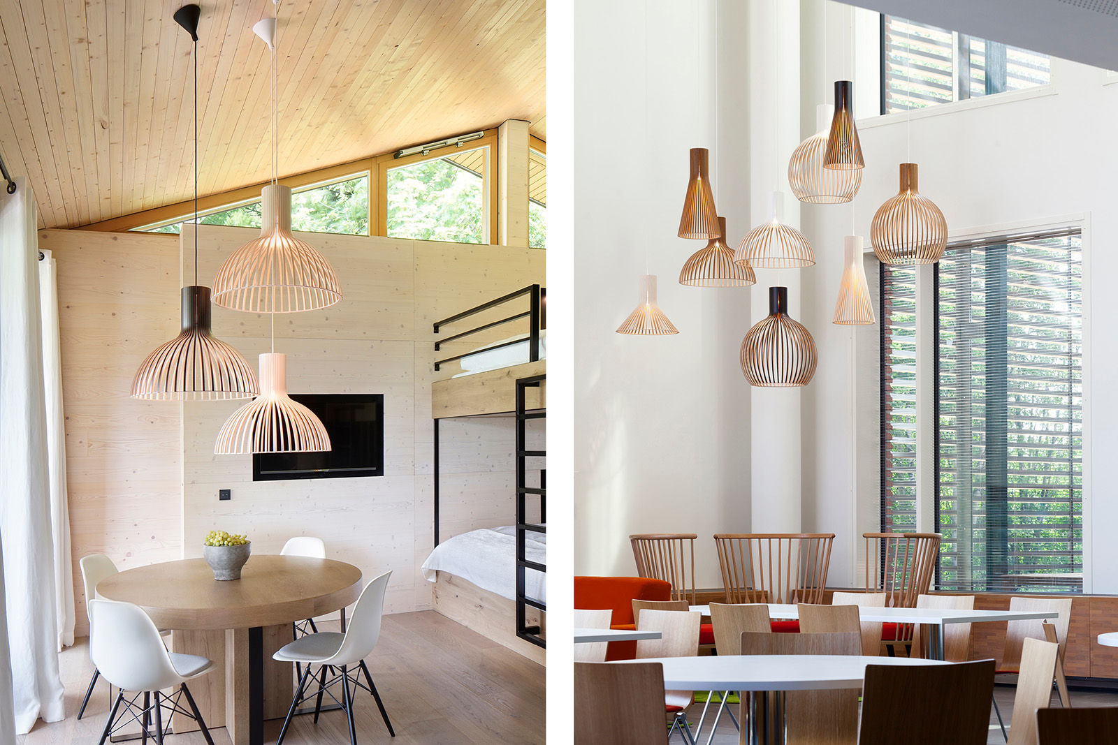 Lamp groups above tables in spacious interiors.