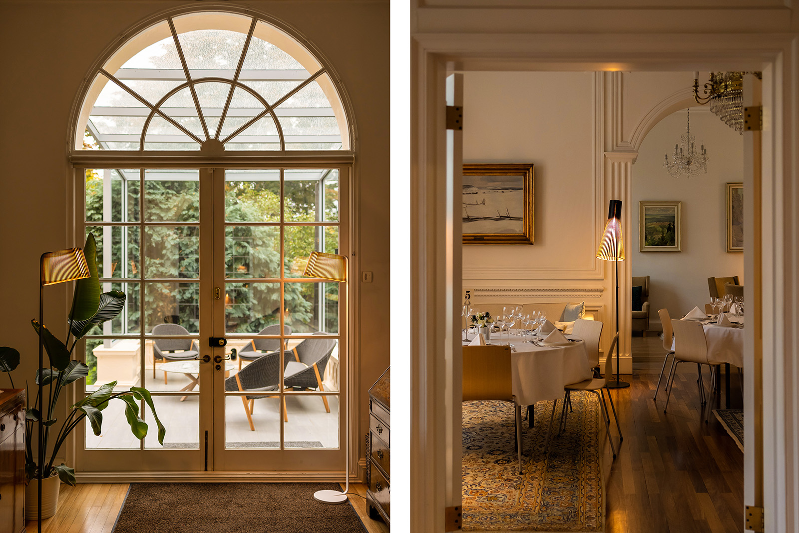 Two floor lamps besides a garden door. Dining room view through an open door.
