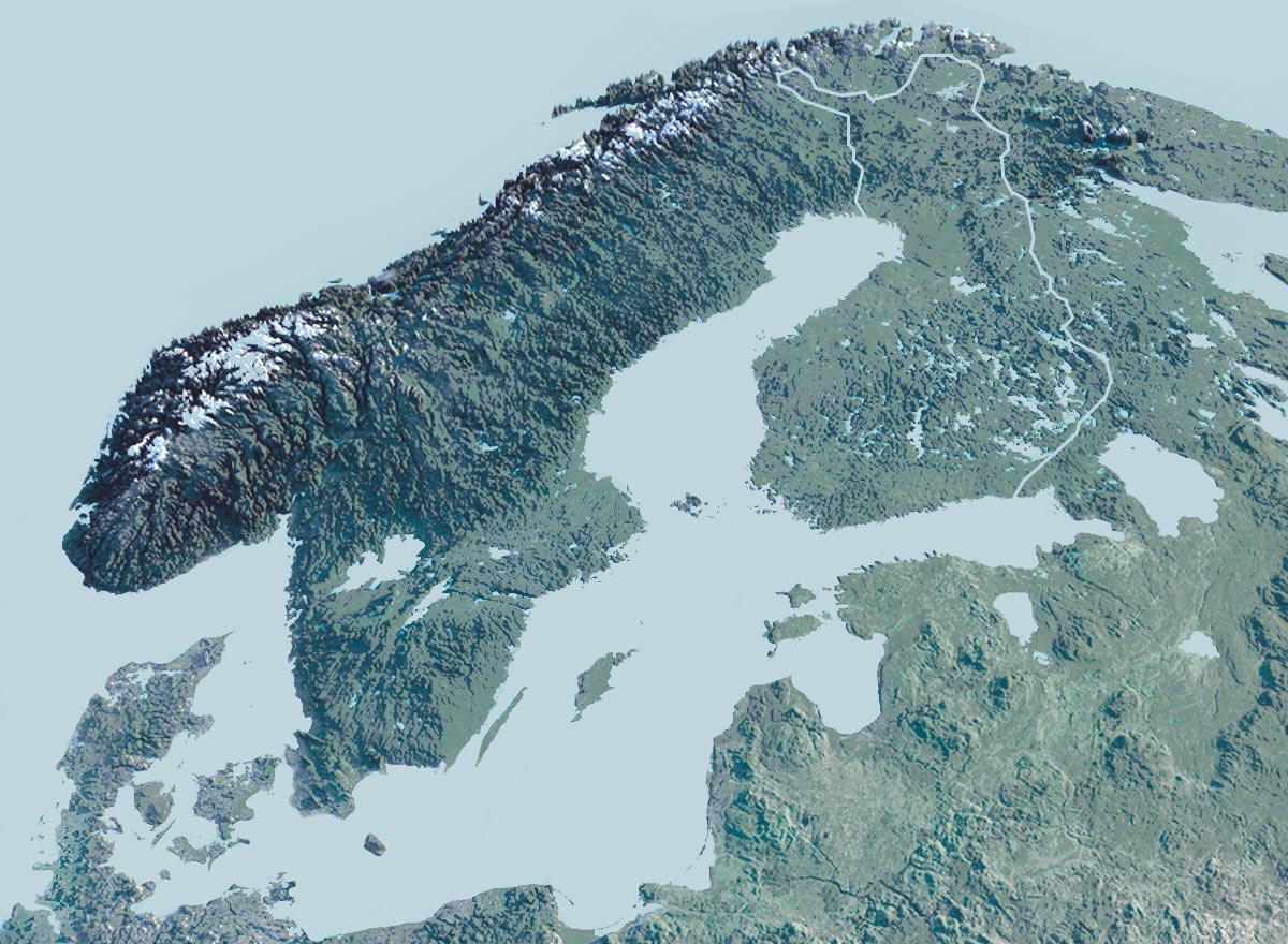Une image satellite de la Finlande. La Suède, l'Estonie et certaines parties de la Norvège et de la Russie sont également visibles.